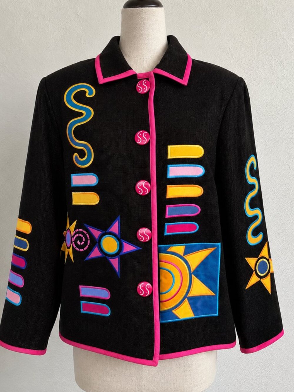 Indigo Moon Art to Wear Jacket 1X Black Retro Celestial Pop Art Abstract